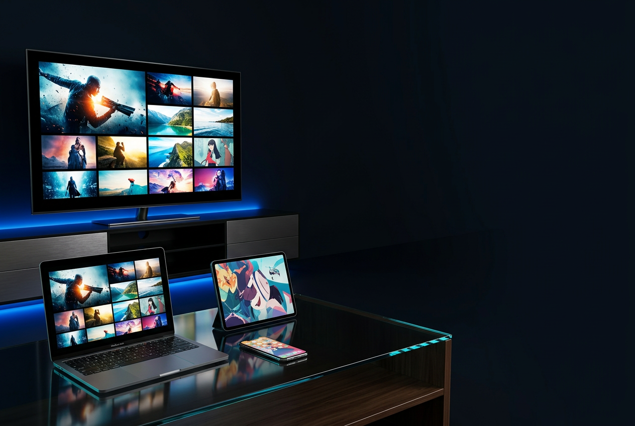 Smart TV, notebook, tablet e celular em uma sala de entretenimento